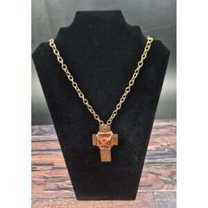 Handmade Copper Wire Wrapped Cross Necklace Red Gemstone Signed 26" Toggle Clasp